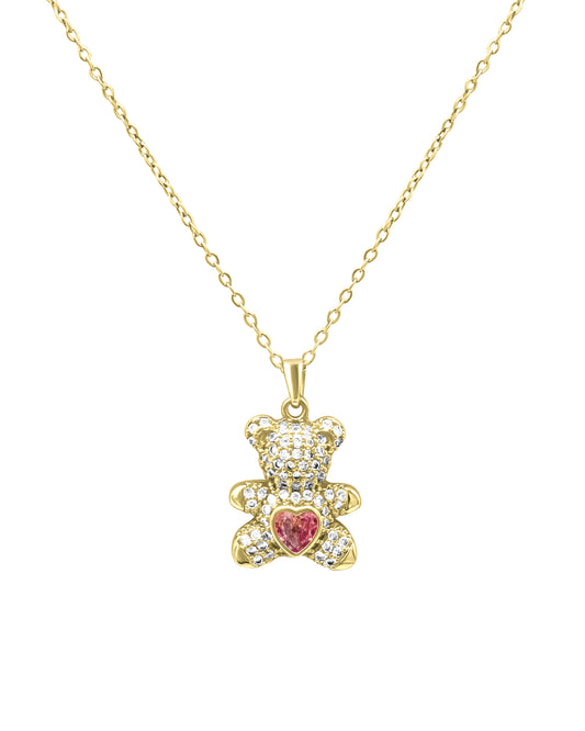 Collier en acier doré nounours avec coeur central rose en zirconium