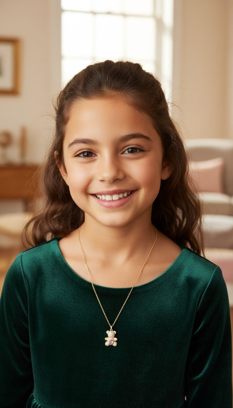 Vergulde teddybeerketting met roze zirkonia in het hart