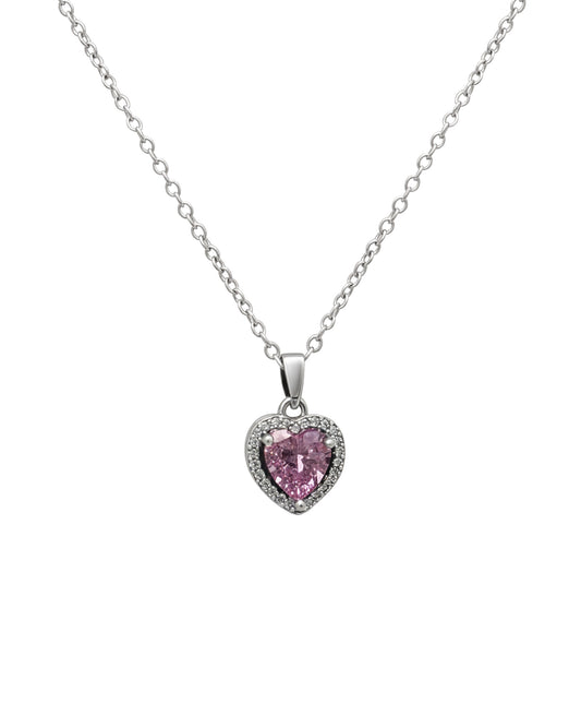 Stalen ketting met roze hart en zirkonium