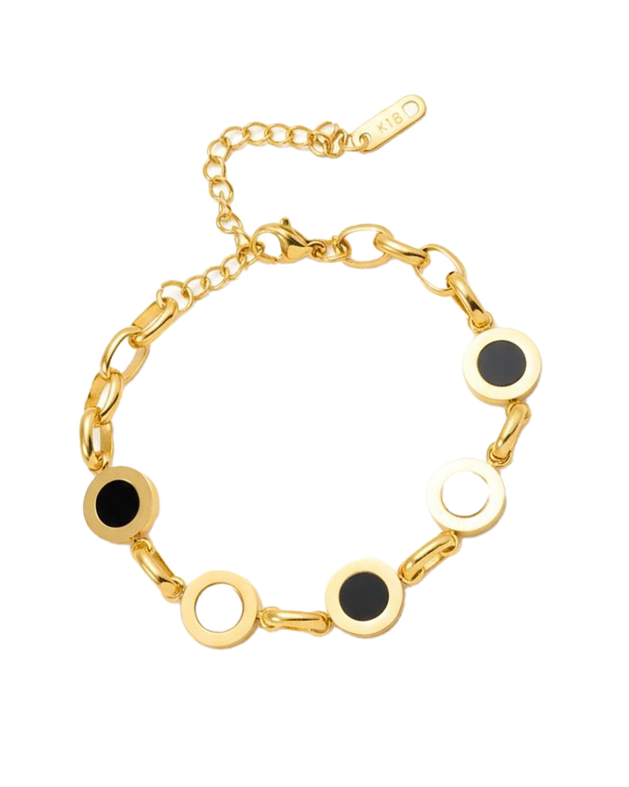 VERGULDE STALEN ARMBAND MET MEERDERE RONDE ONYX- EN WITTE KRALEN