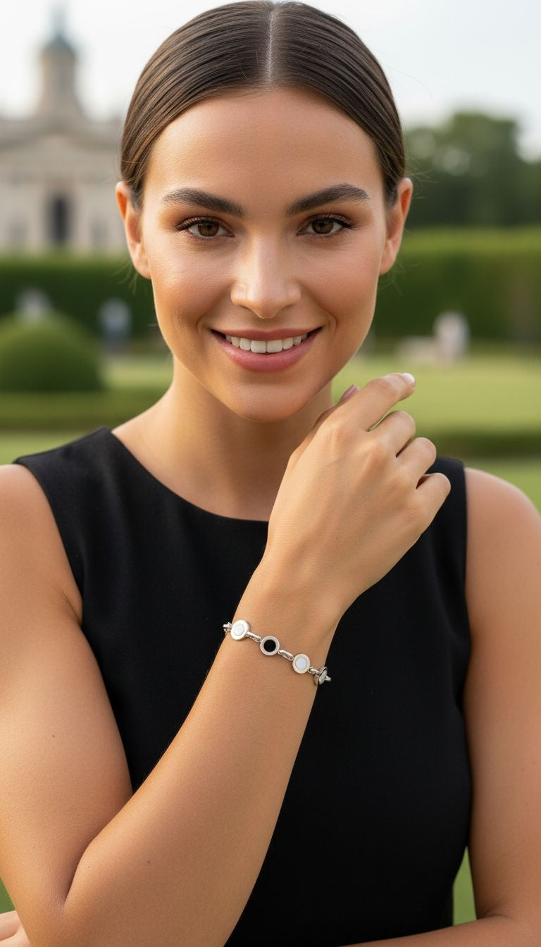 ARMBAND MET MEERDERE RONDJES ONYX EN WIT STAAL