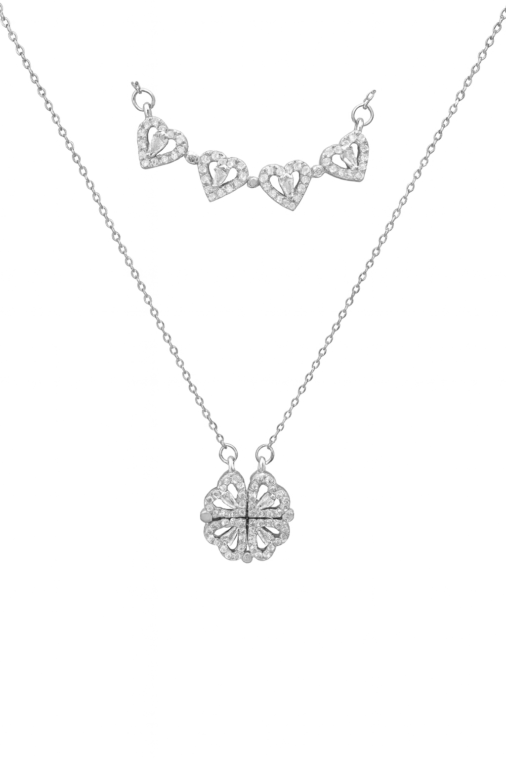 Aanpasbare stalen ketting met klaver en 4 hartenhangers en stenen