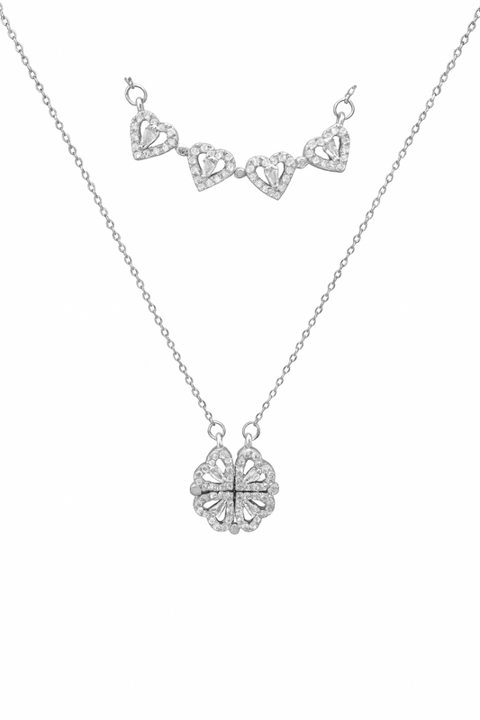 Collier en acier pendentif modifiable trèfle et 4 coeurs avec pierres