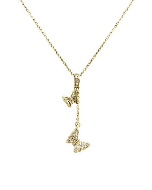 Collier en acier doré pendentif double papillons et strass