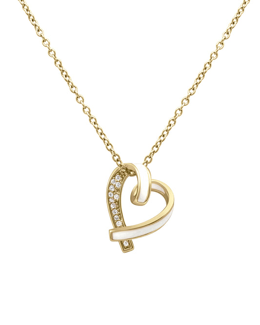 Vergulde stalen ketting met hart hanger, wit emaille en strass