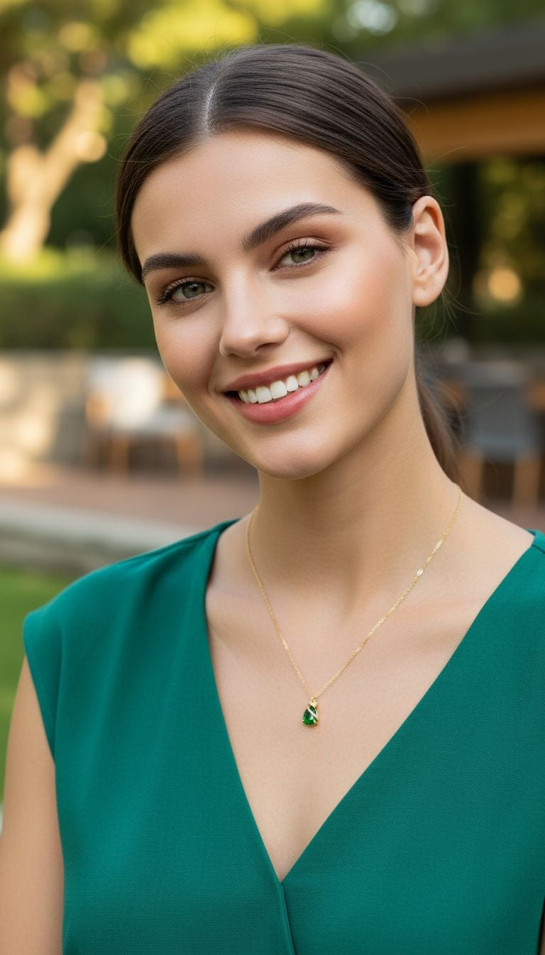 VERGULDE ZILVEREN KETTING MET SMARAGD- EN ZIRKONIUMDRUPPELS