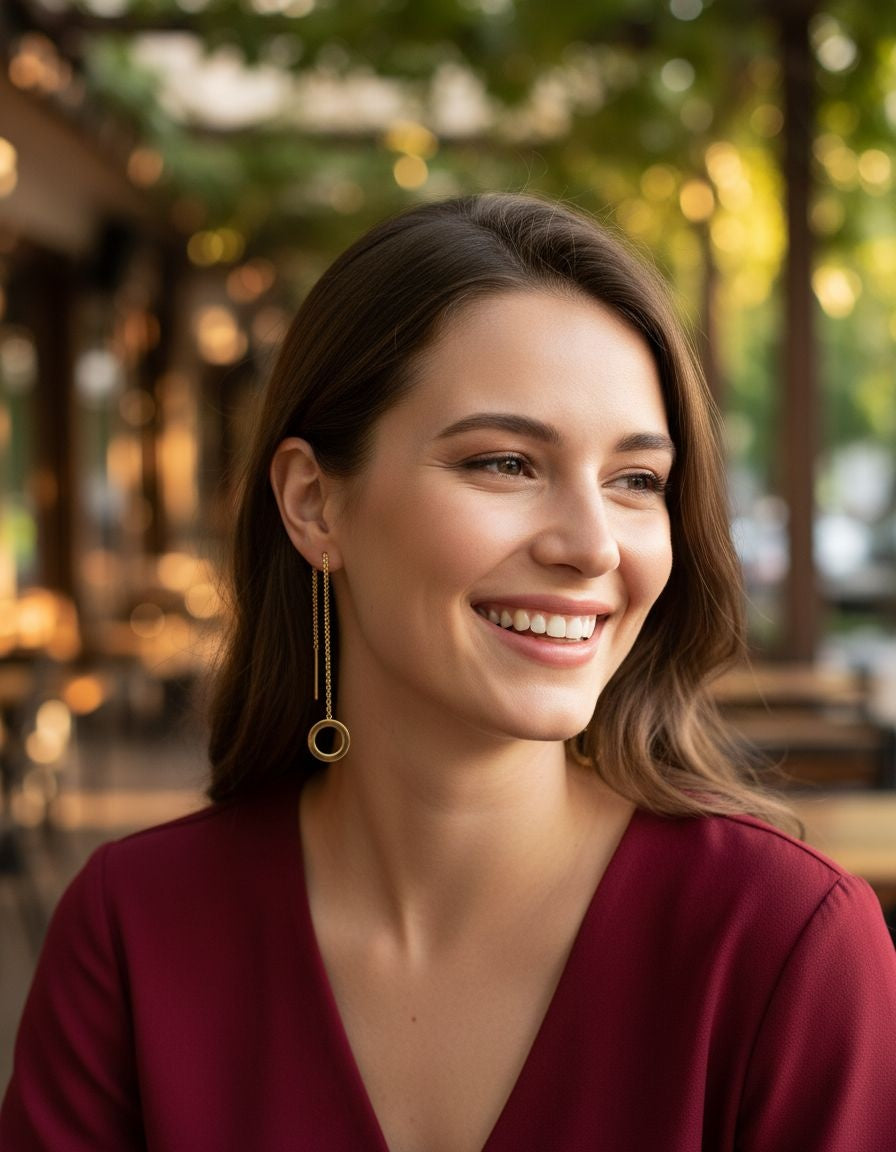 BOUCLES D'OREILLES EN ACIER DORE CHAINE ET CERCLE