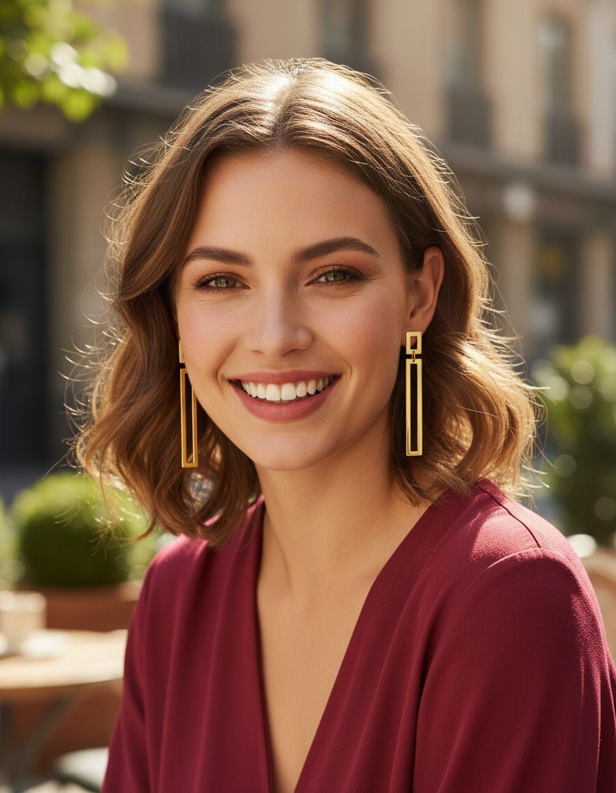 BOUCLES D'OREILLES EN ACIER DORE 2 RECTANGLES PENDANTS