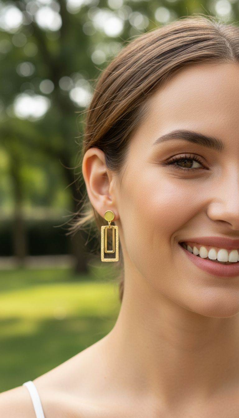 GOLD-PLATED STEEL EARRINGS, ROUND AND RECTANGLE, WITH SEQUINS