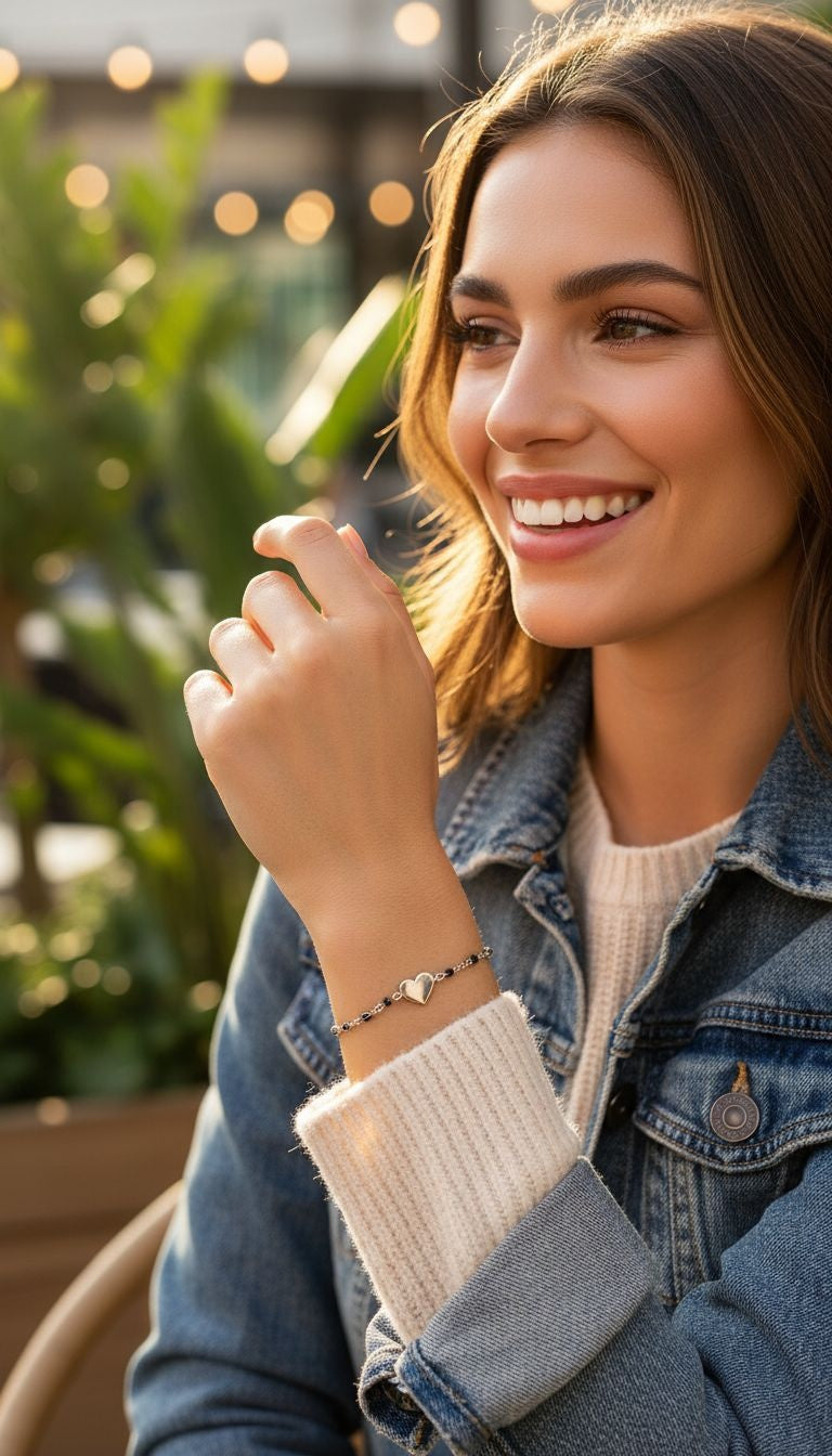 STALEN ARMBAND MET ZWARTE KRALEN EN EEN HART