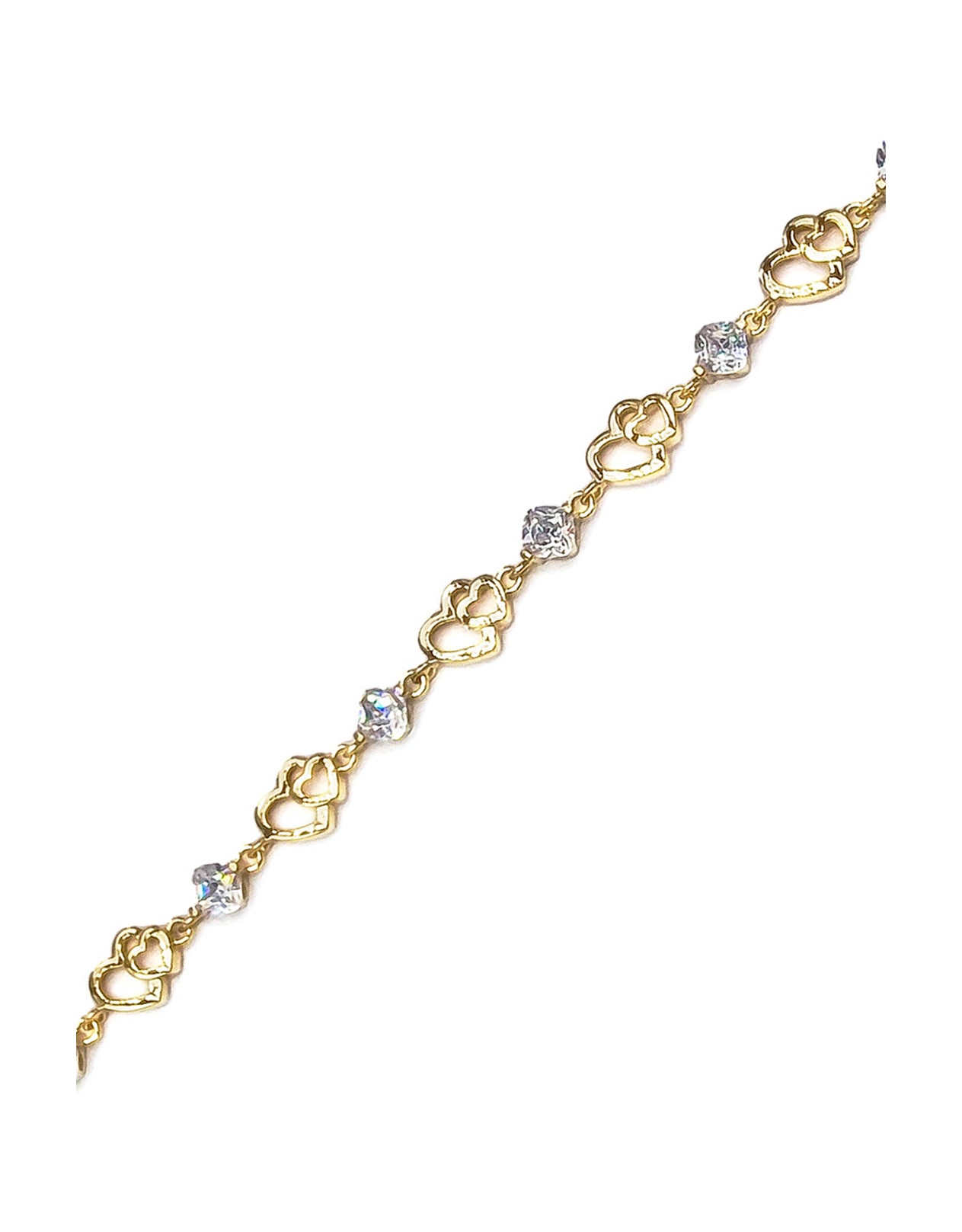 GOLD PLATED BRACELET WITH DOUBLE HEARTS AND STONES