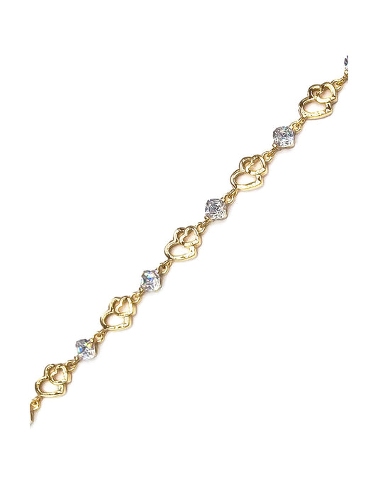 Gold plated bracelet with double hearts and stones
