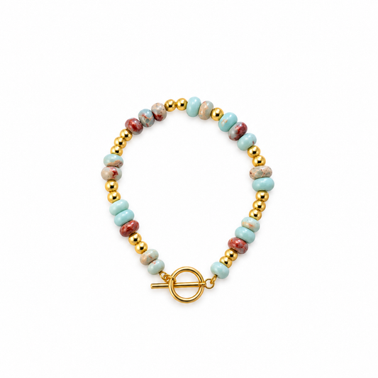 Multicoloured stone bracelet with gold-tone beads and T-bar clasp