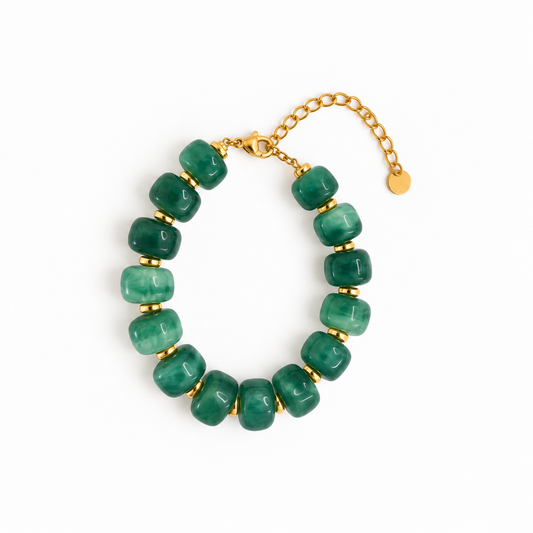 Bracelet en acier doré perles rondelles vert émeraude