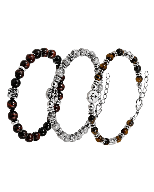 Set van 3 herenarmbanden – Staal & Stenen