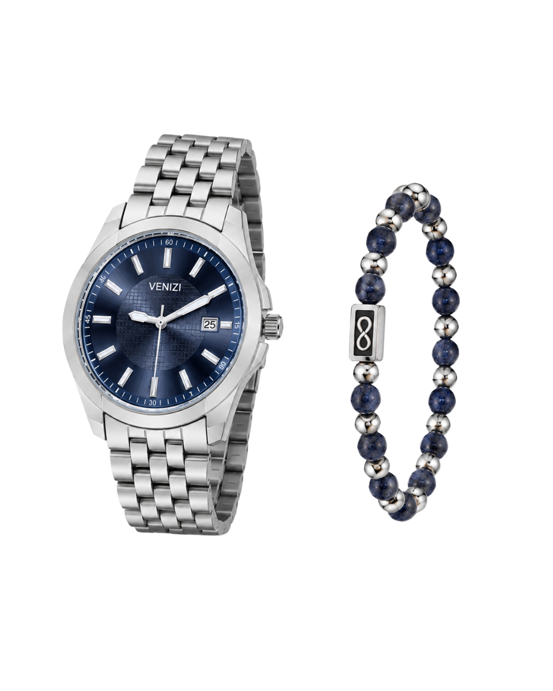 Venizi zilveren horloge met nachtblauwe wijzerplaat, stalen armband, blauwe agaten en infinity-motief