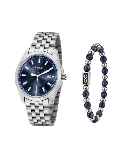 Venizi silver watch with night blue dial, steel bracelet, blue agates and infinity motif