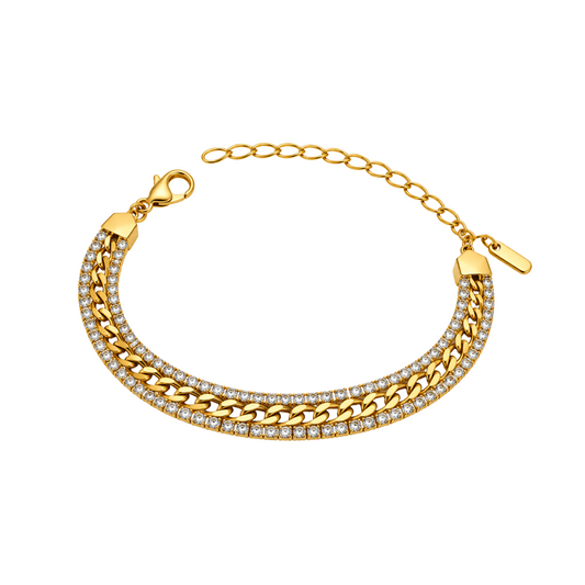 Bracelet en acier doré maille gourmette et double rangée de strass