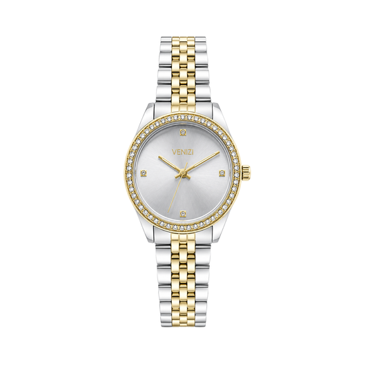 Montre bicolore avec strass et cadran gris argenté