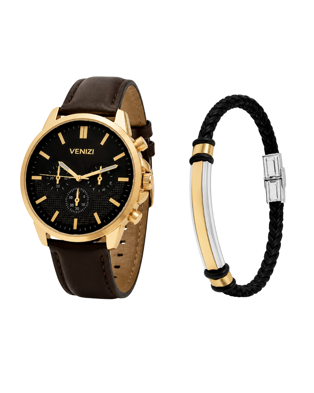 Verguld Venizi horloge met bruine lederen band en gevlochten lederen band met tweekleurige plaat