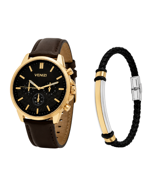 Gold-plated Venizi watch with brown leather strap and braided leather strap with two-tone plate