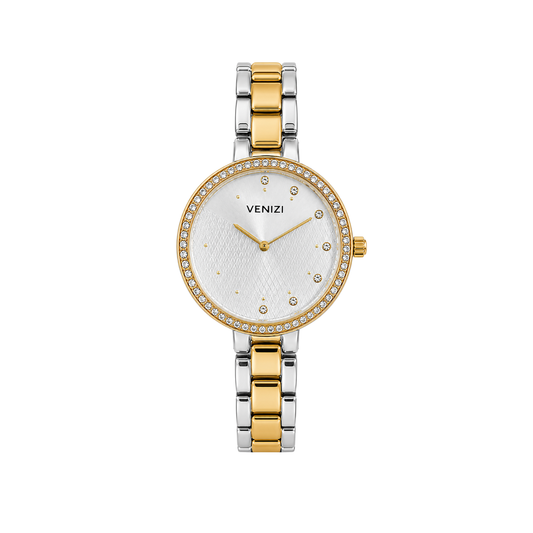 Montre bicolore cadran argenté et doré avec strass