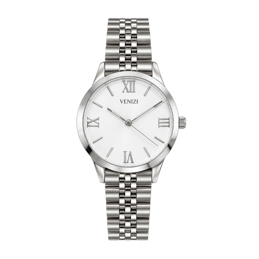 Montre argentée en métal cadran blanc chiffres romains