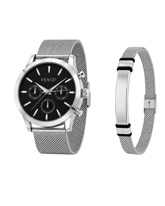Venizi silver watch with black dial and Milanese mesh steel bracelet with black details