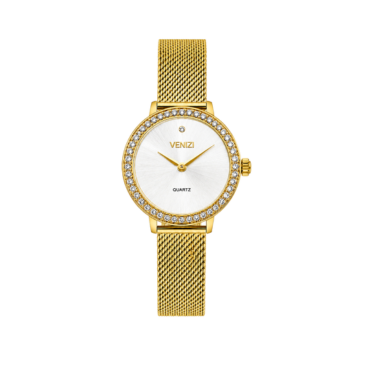 Montre dorée avec strass maille milanaise