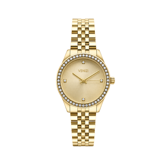 Montre dorée cadran champagne avec strass