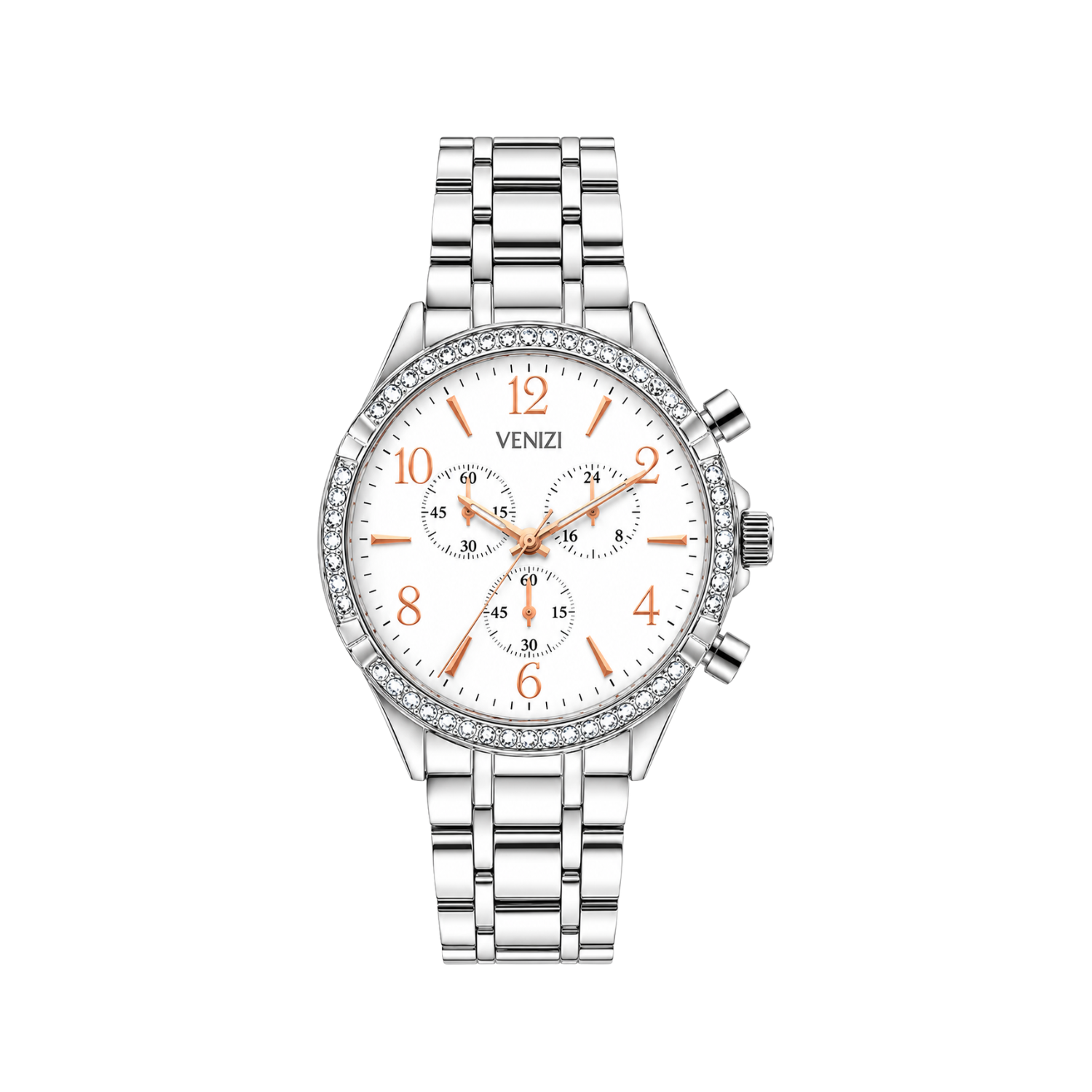 Venizi zilveren horloge met witte wijzerplaat en strass steentjes