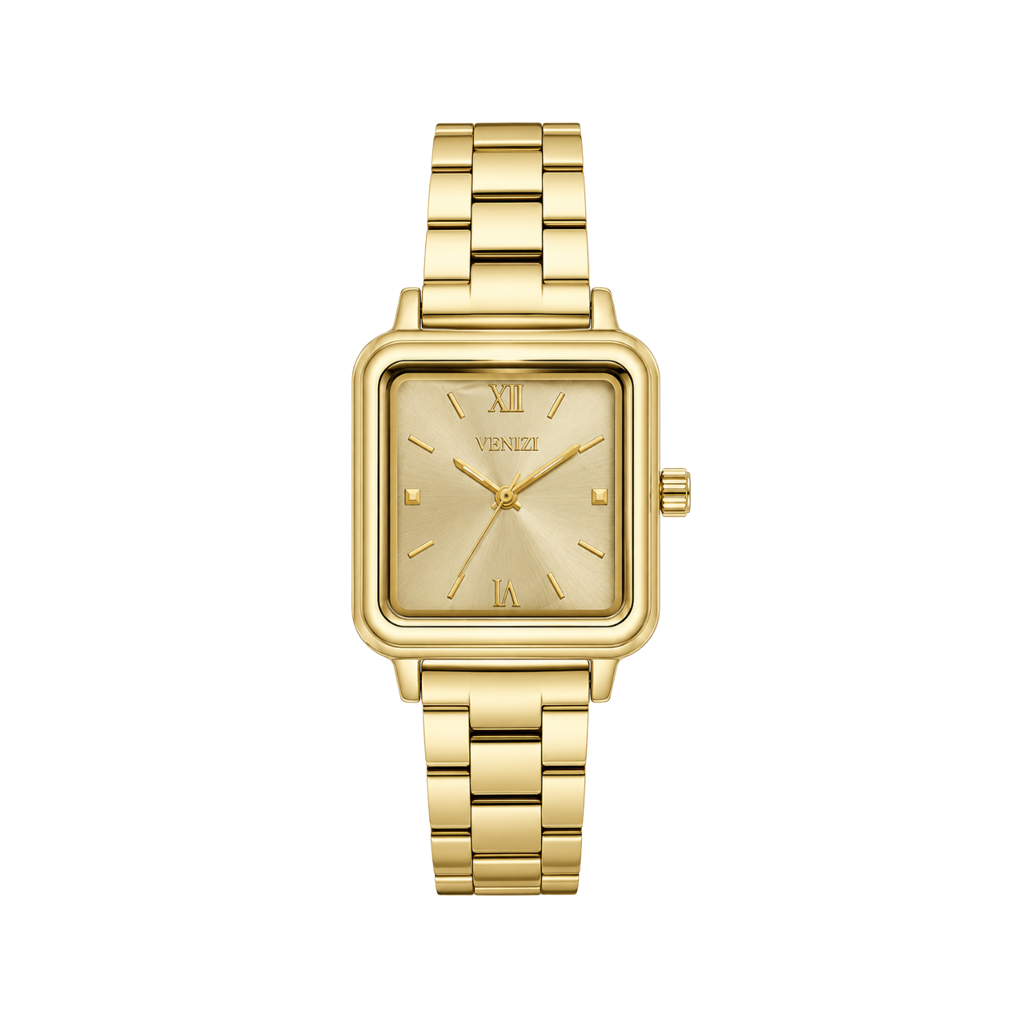 Gouden Venizi-horloge met een vierkante gouden wijzerplaat.