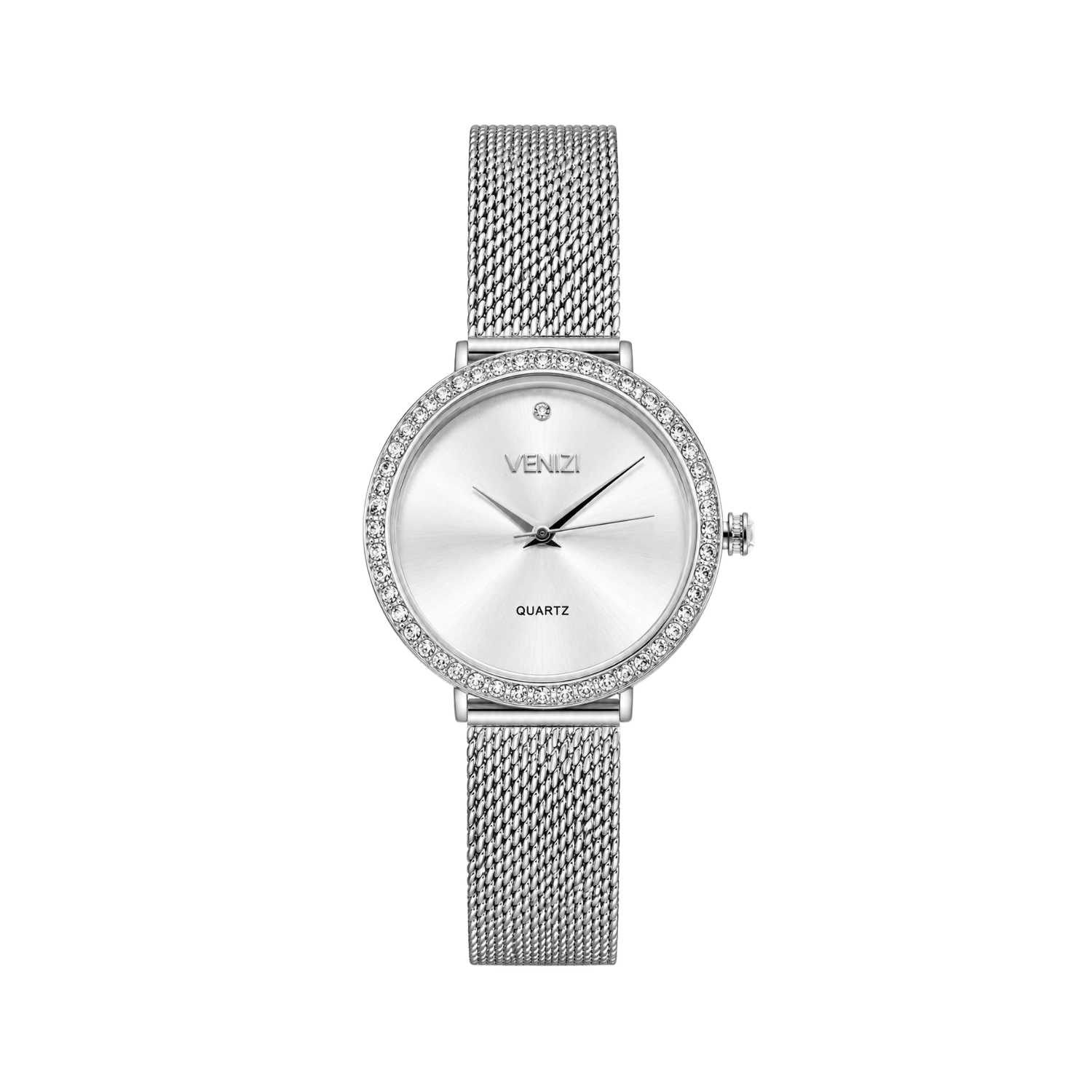 Venizi zilveren horloge met milanese mesh-strass-steentjes