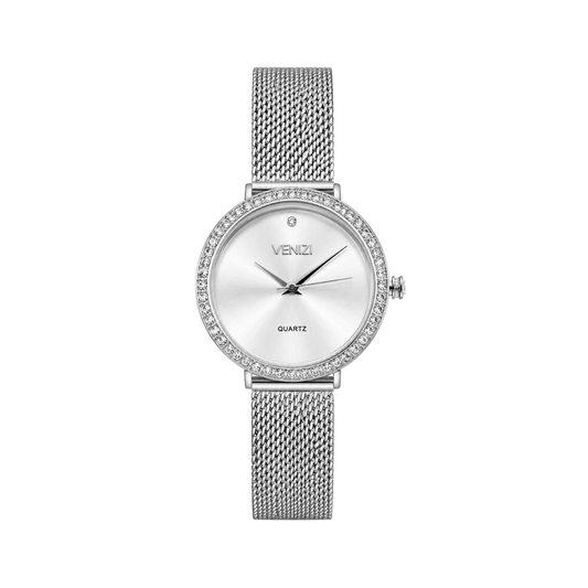 Montre argentée avec strass maille milanaise