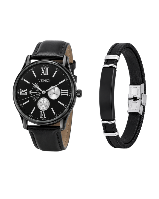 Venizi black watch with black dial and Roman numerals, and a 2-row black leather bracelet with black plate