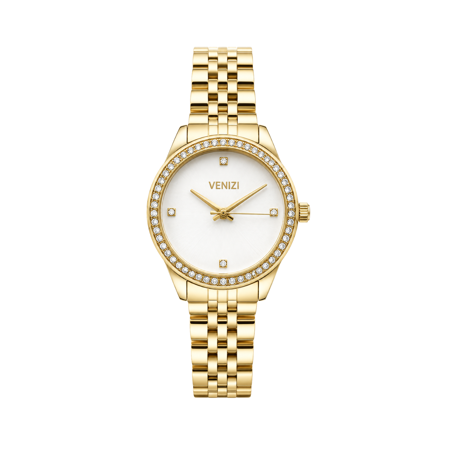 Vergulde Venizi horloge met strass-steentjes en witte wijzerplaat