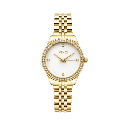 Venizi gold watch with rhinestones and white dial