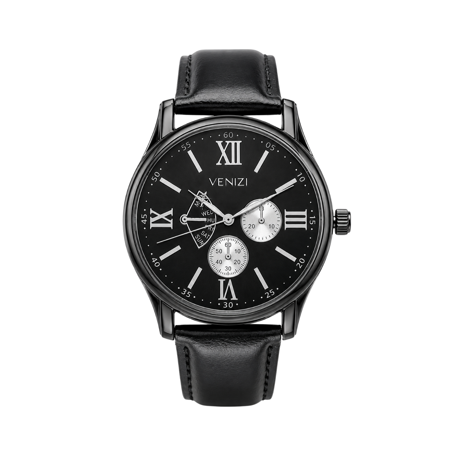 Venizi black watch with black dial and roman numerals