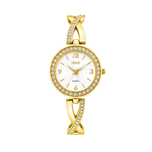 Montre dorée avec strass cadran blanc