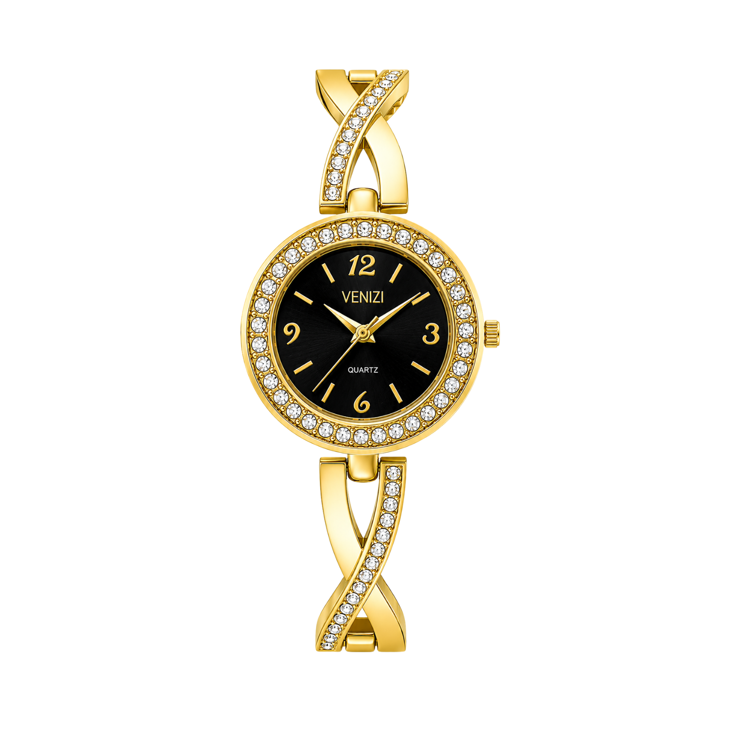 Venizi gouden horloge met strass steentjes en zwarte wijzerplaat