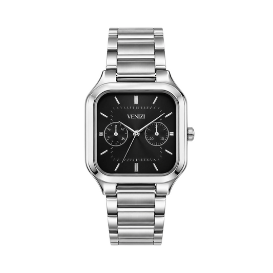 Montre argentée en métal cadran noir carré multifonction