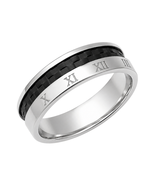 Bague en acier, insert noir effet maille et chiffres romains