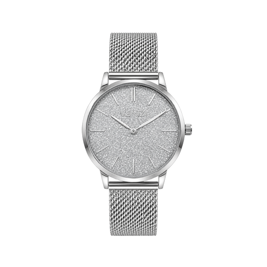 Montre argentée avec paillettes maille milanaise