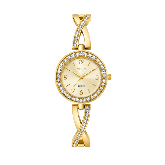 Venizi gouden horloge met strass steentjes en gouden wijzerplaat