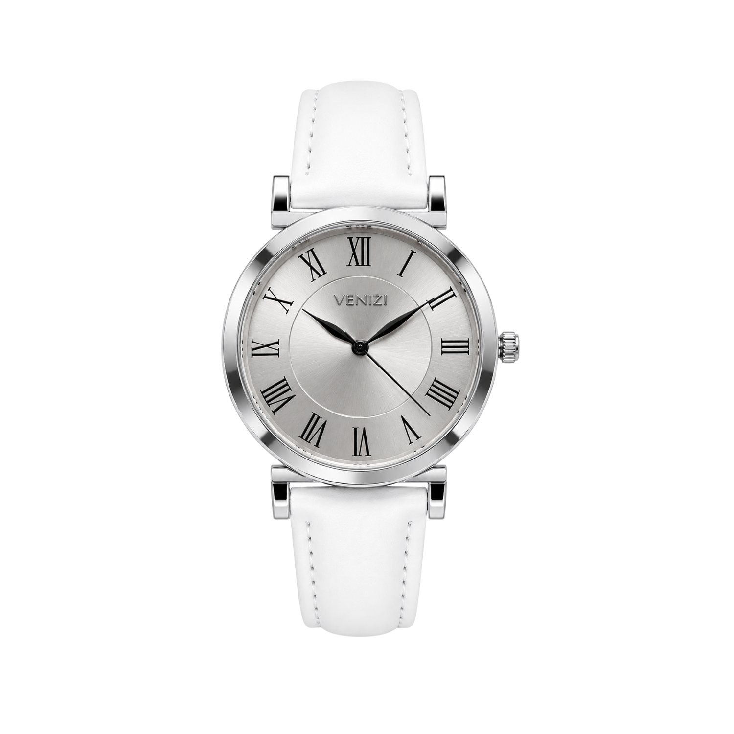 Venizi zilveren horloge met witte leren band