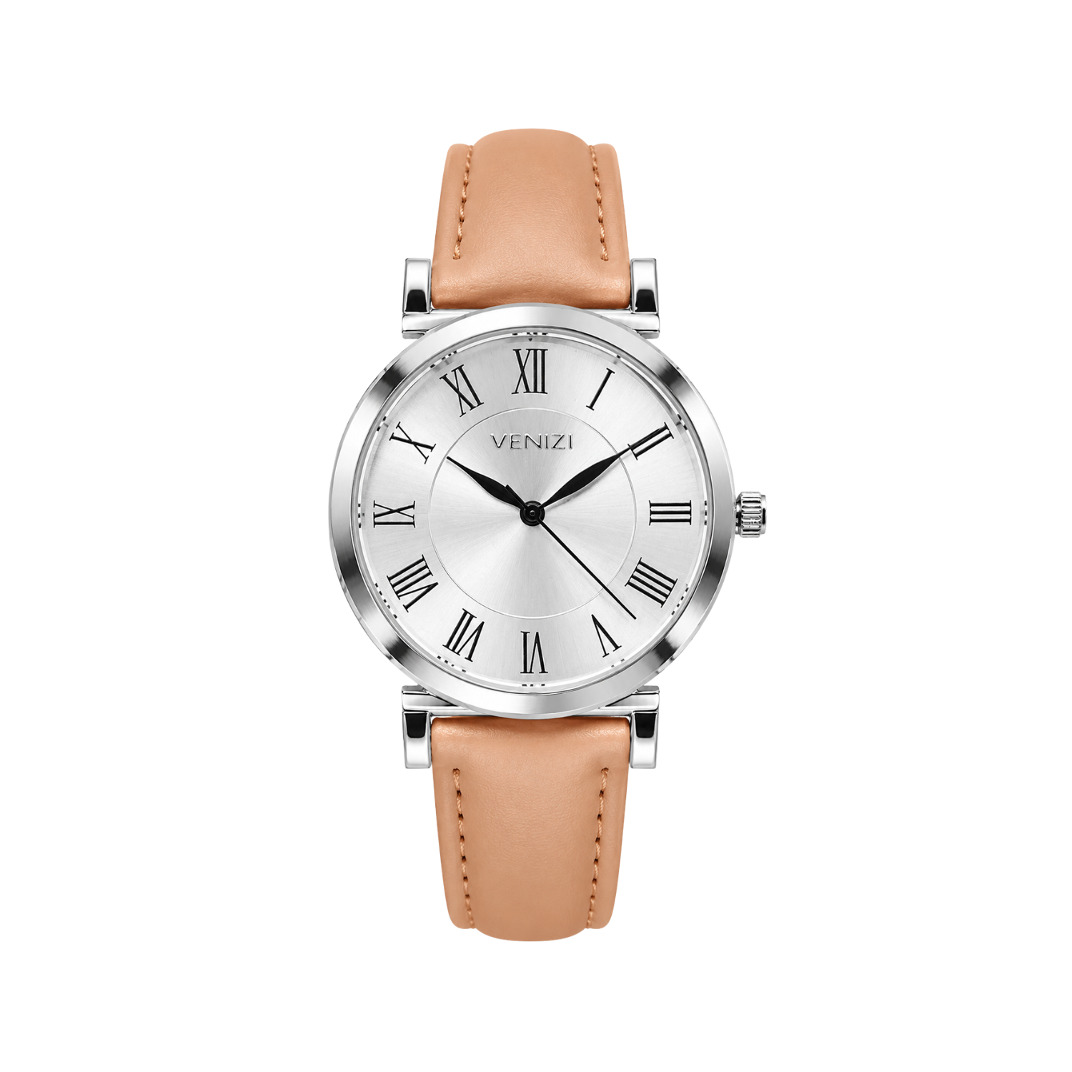 Venizi zilveren horloge met bruine leren band