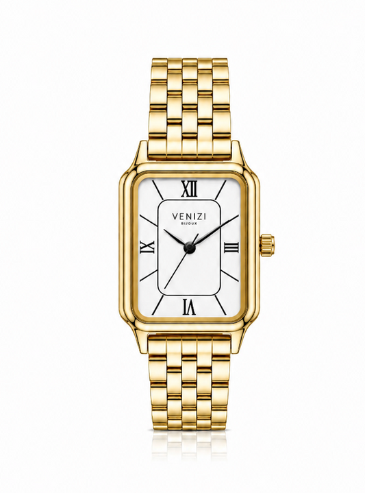 Montre rectangulaire doré avec cadran blanc