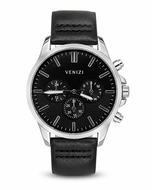 Montre argentée bracelet cuir noir