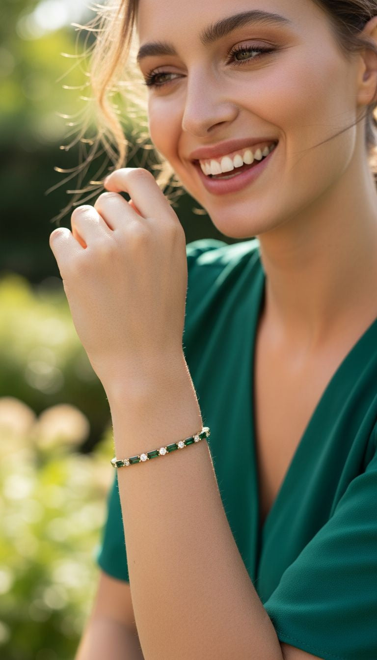 VERGULDE STALEN RIVIERARMBAND MET ZIRKONIUM EN SMARAGD