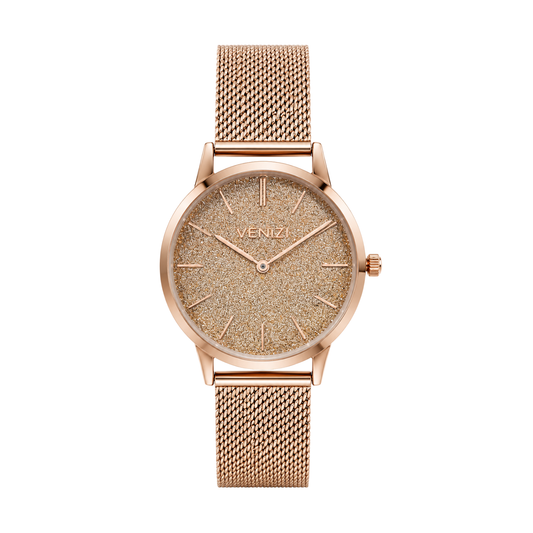 Montre rosée avec paillettes maille milanaise